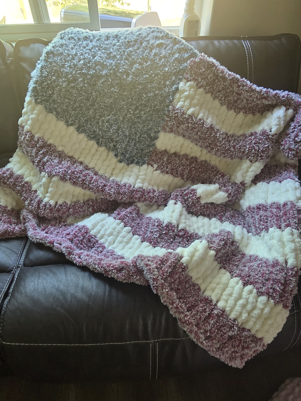 Hand Made Cozy Chenille Stripe Throw Blanket - Cream & Mauve